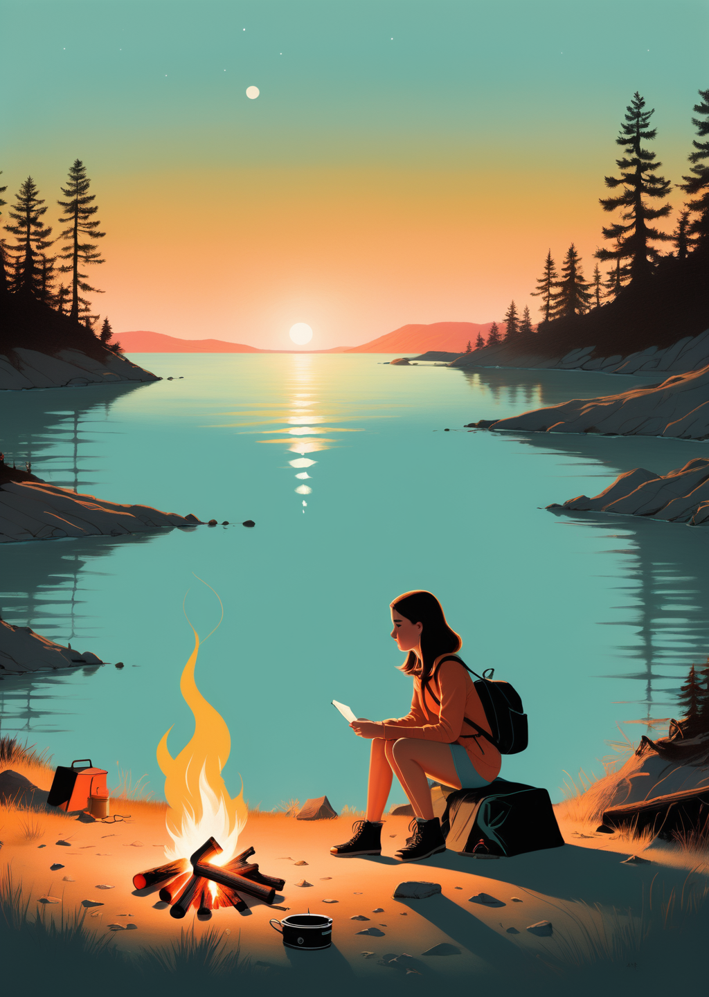 00463-4137222136-1 young woman_dutch angle __camping _camp fire_shore _shadow__cartoon  surreal, whimsical_ (by Oliver Jeffers).png